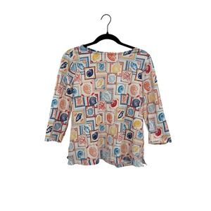 Appleseed's Top Women PL Multi Color Seashell Stamp Nautical 3/4 Sleeve Knit
